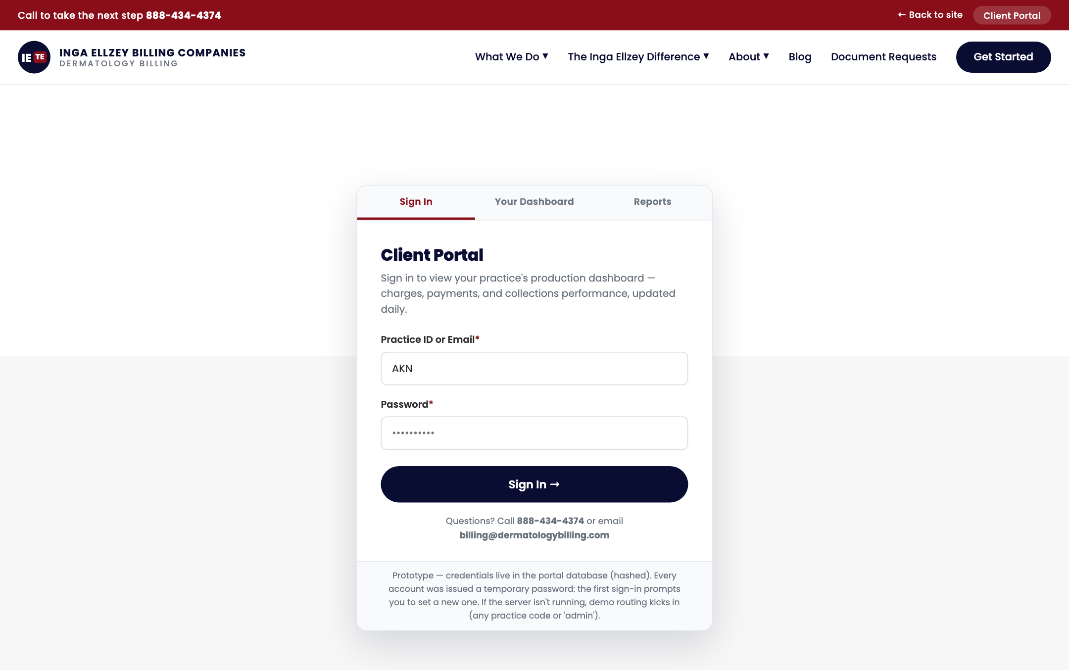 Client portal sign-in for billing practices