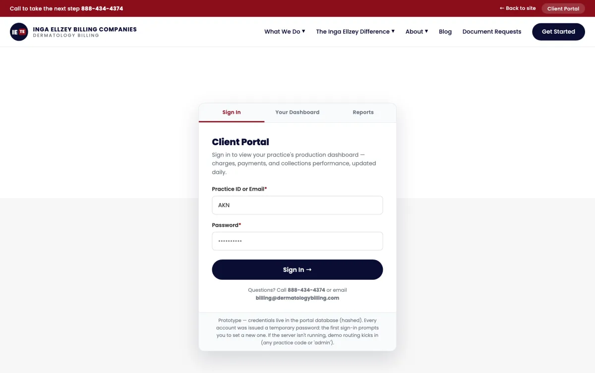 Client portal sign-in for billing practices