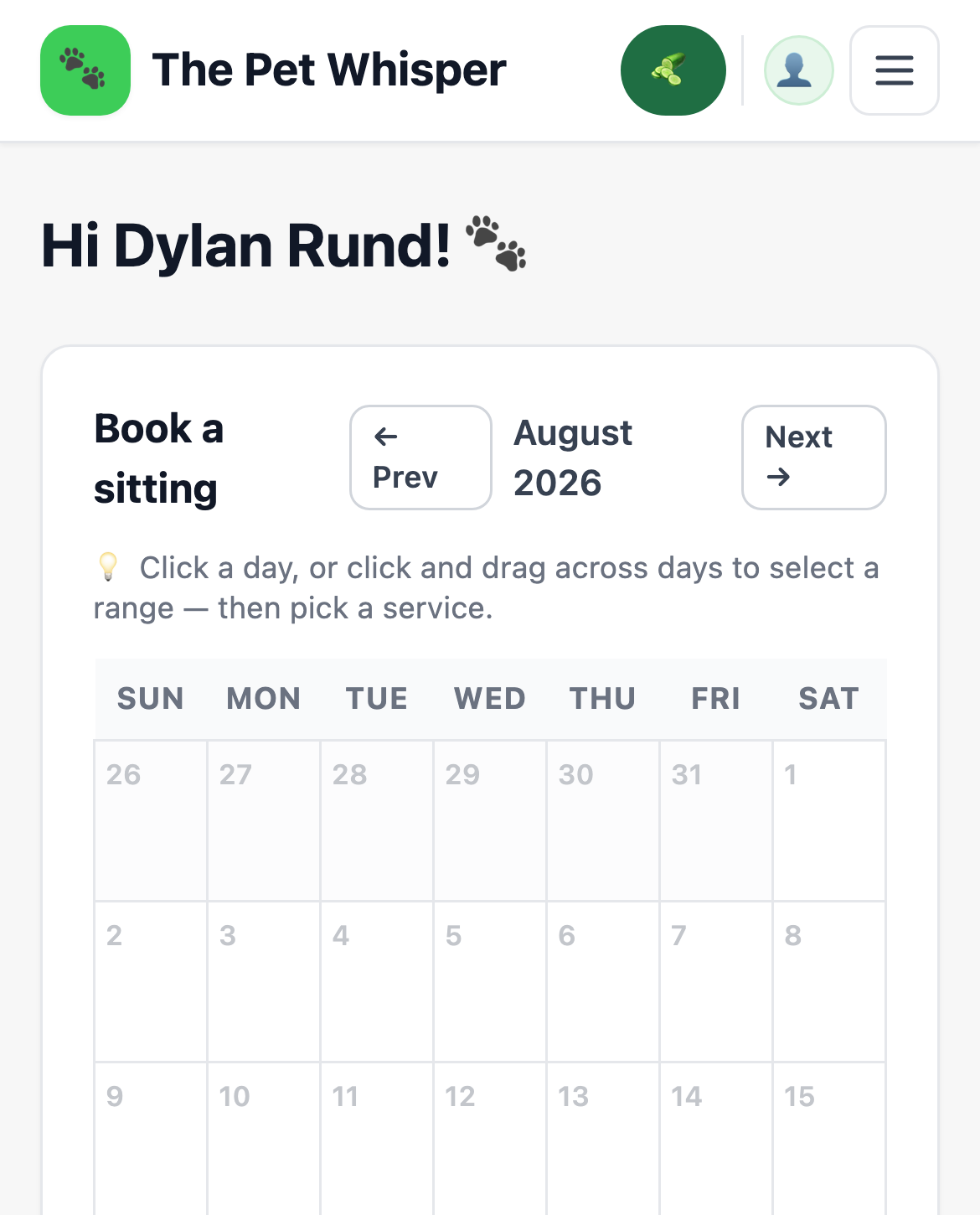 Pet-sitting booking calendar on mobile — client view