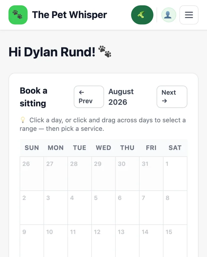 Pet-sitting booking calendar on mobile — client view