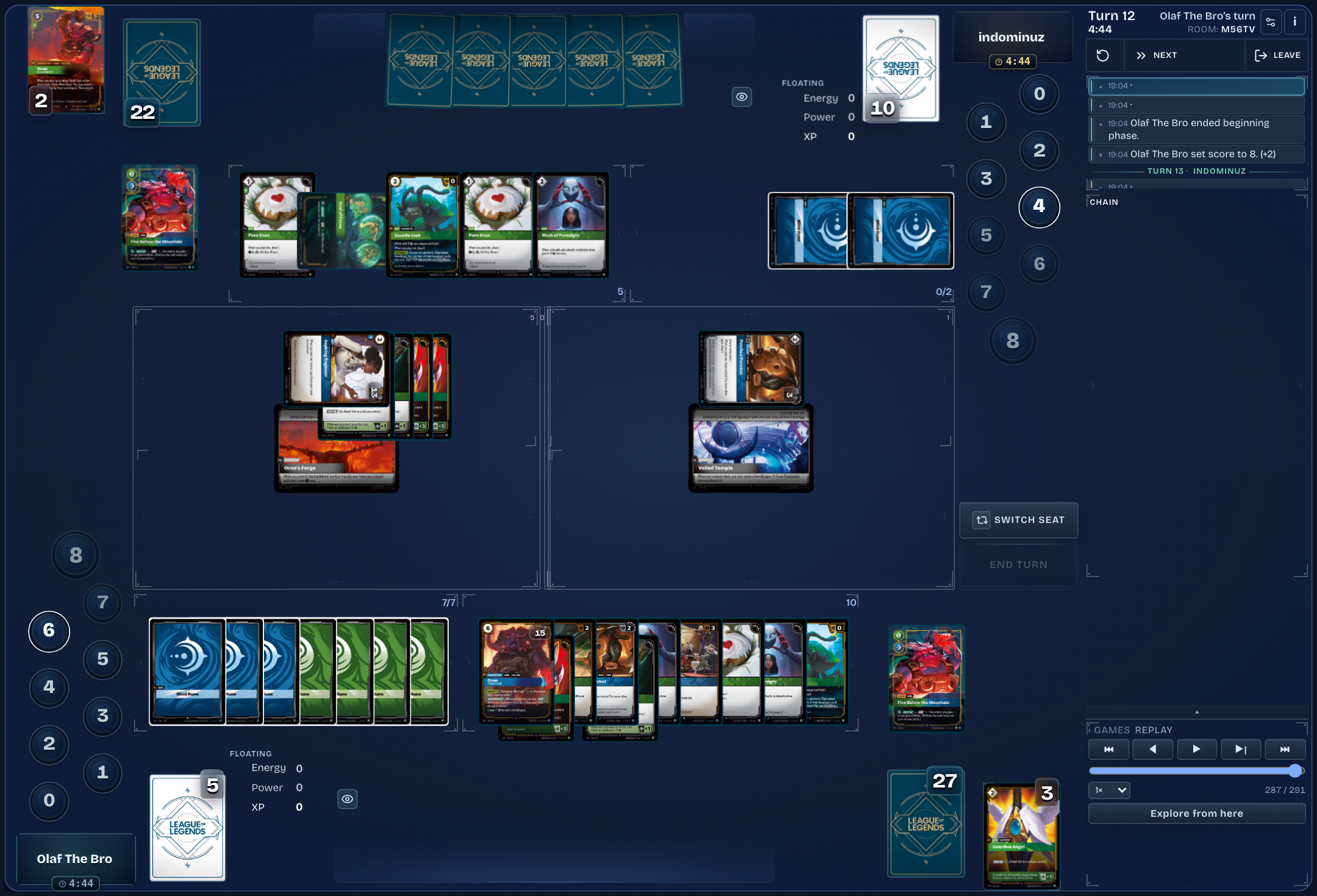 Riftbound replay viewer showing a recorded match