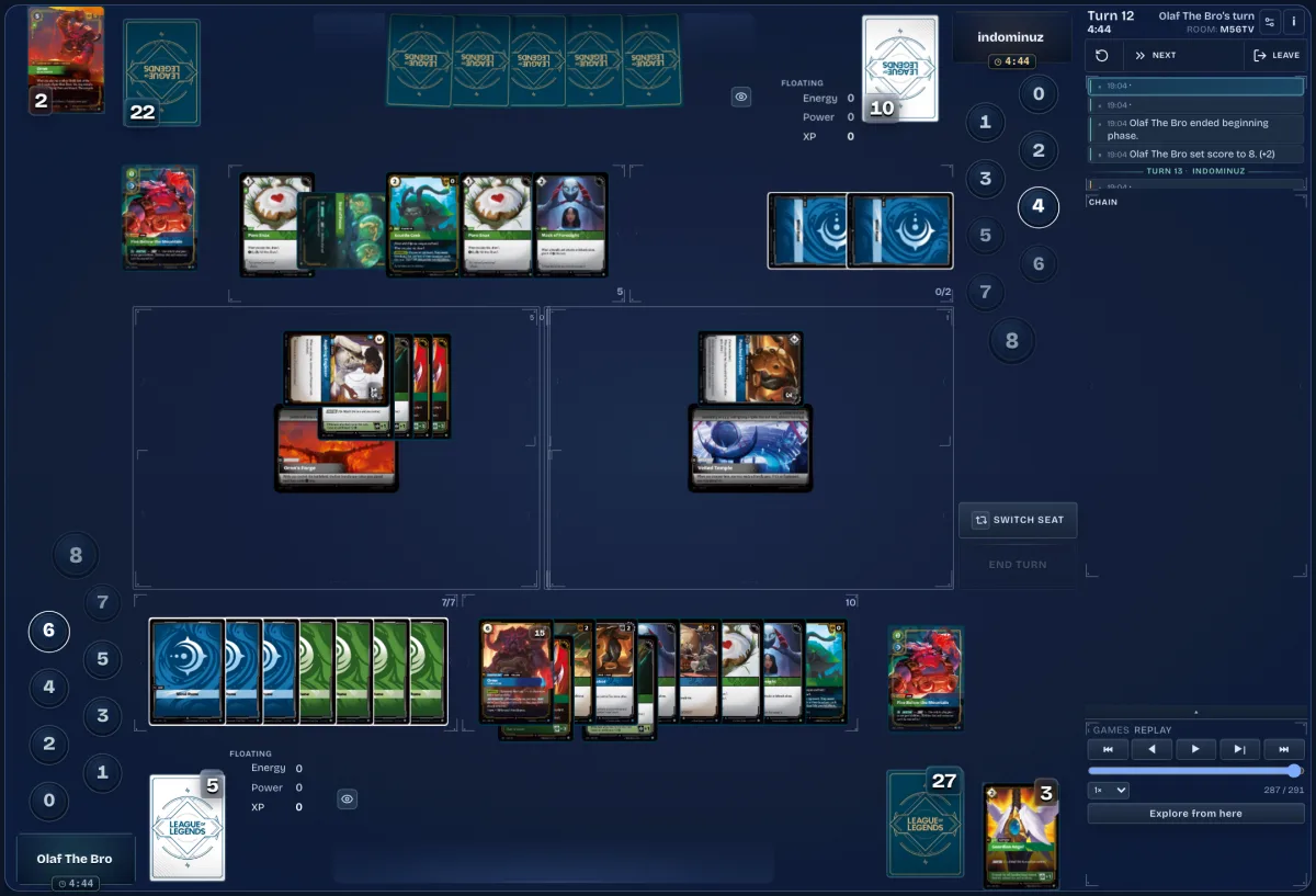Riftbound replay viewer showing a recorded match